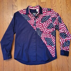 Roper Rodeo Blue Patriotic‎ American Flag Print Western Shirt Blouse 5/6 Vintage